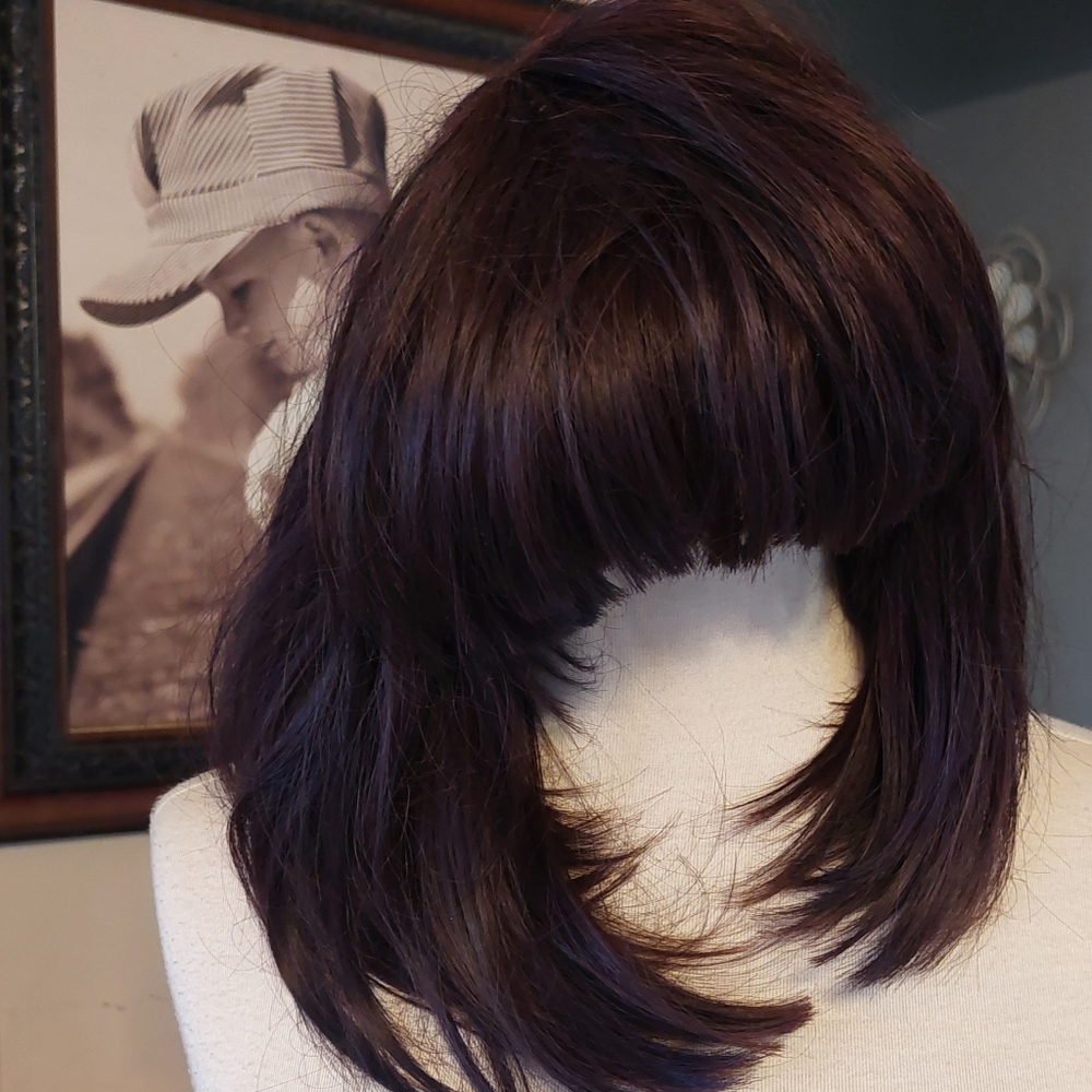 Short Deep Auburn Brown wig with bangs
